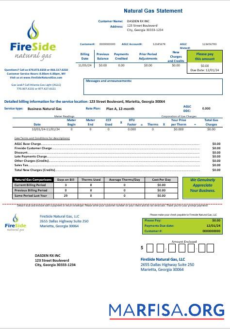 Downloadable USA California FireSide natural gas busienss utility bill template in Word and PDF formats